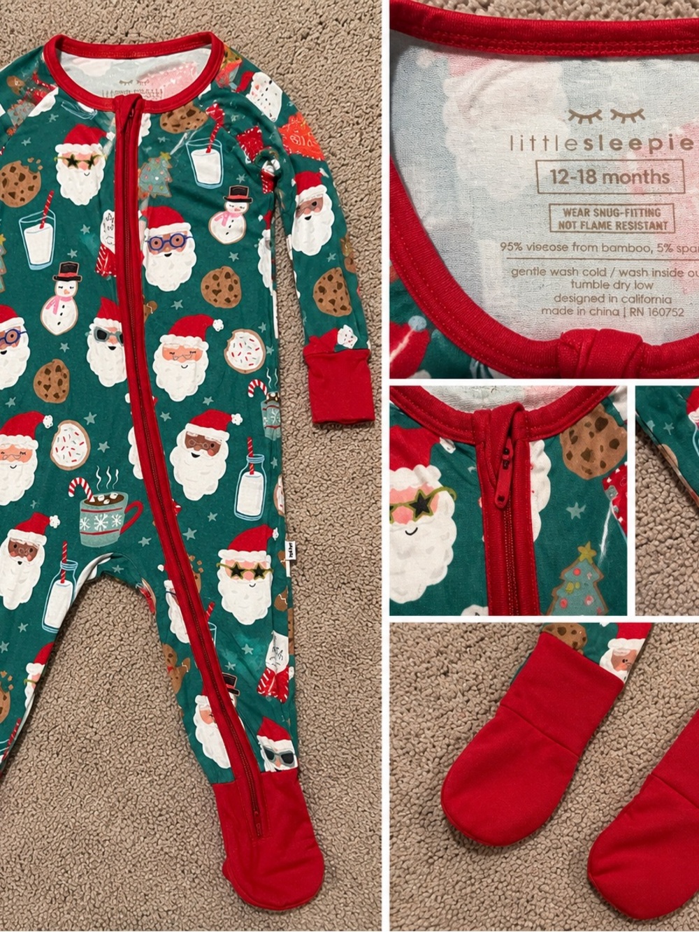 Little Sleepies Green and Red Santa Print Footed One-Piece Pajamas